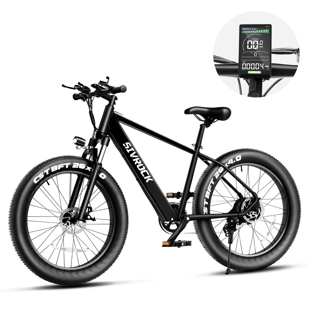 Black electric bike with digital display on a white background