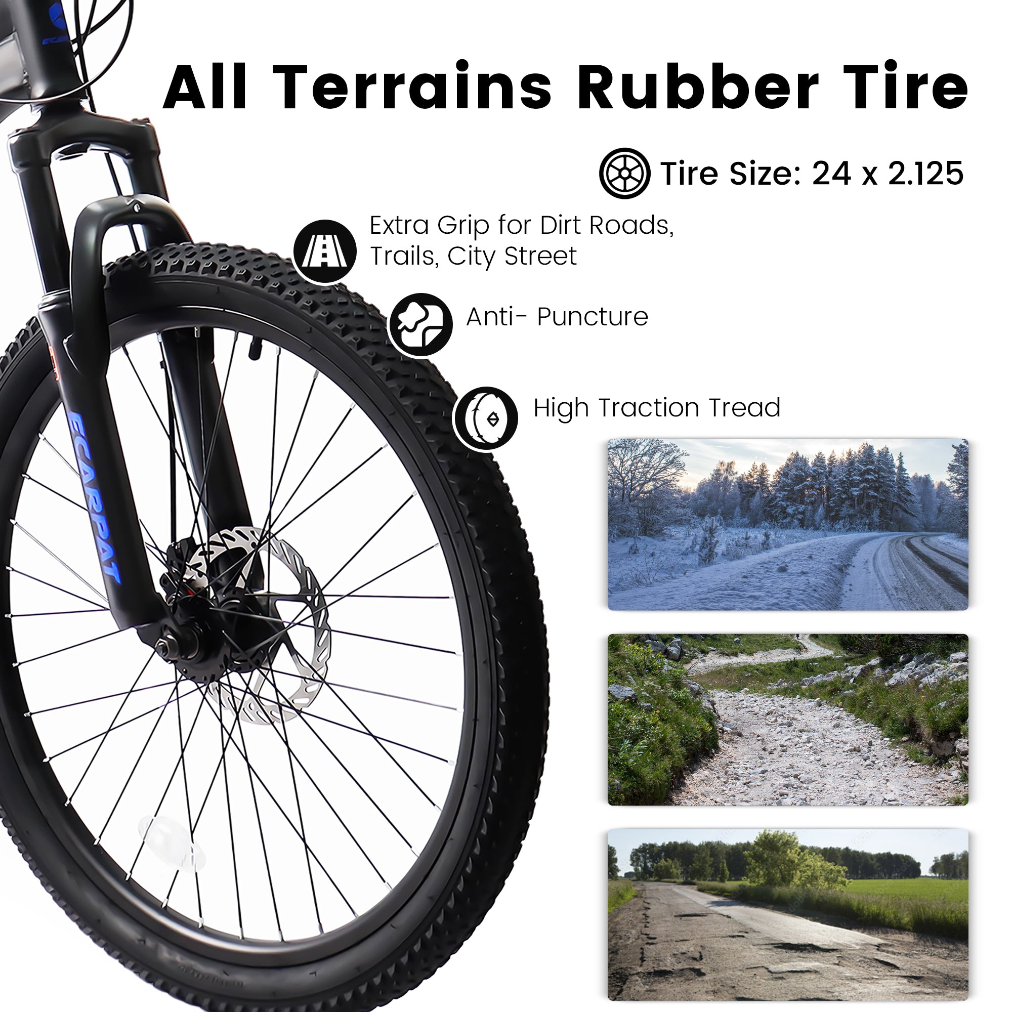Bicycle wheel with all terrains rubber tire on a white background