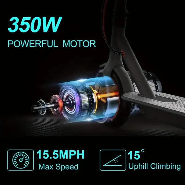Electric scooter with 350W powerful motor and performance specifications on a black background