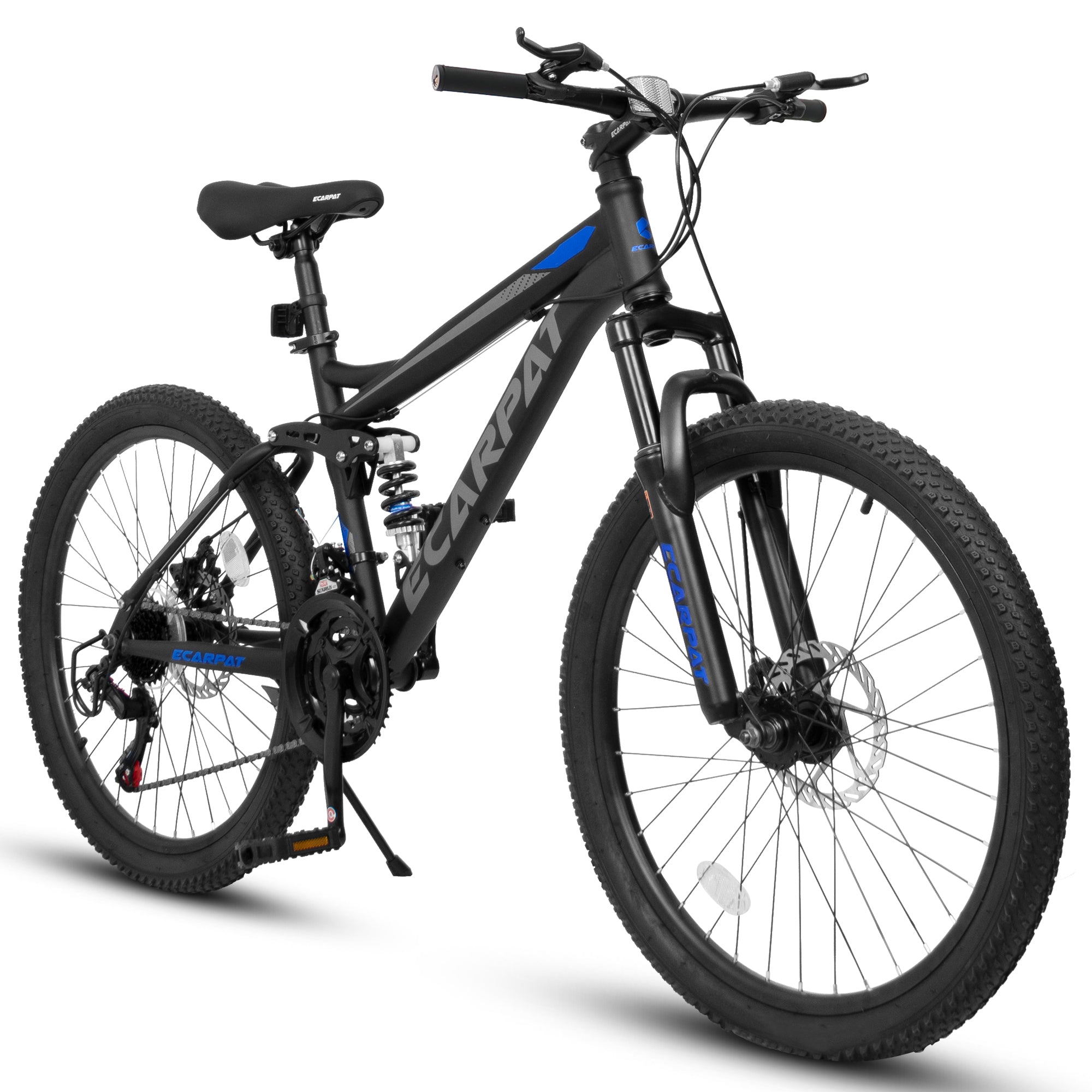 Black mountain bike with blue accents on a white background