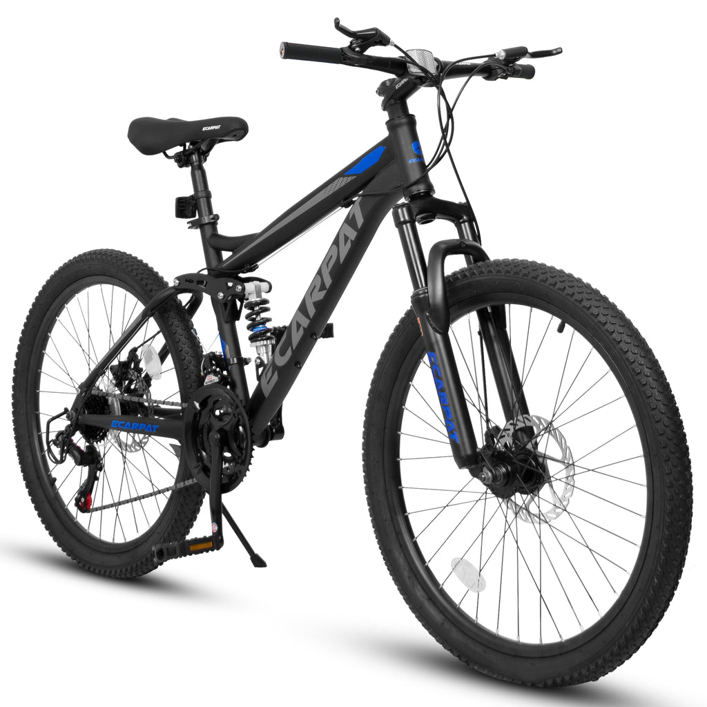 Black mountain bike with blue accents on a white background