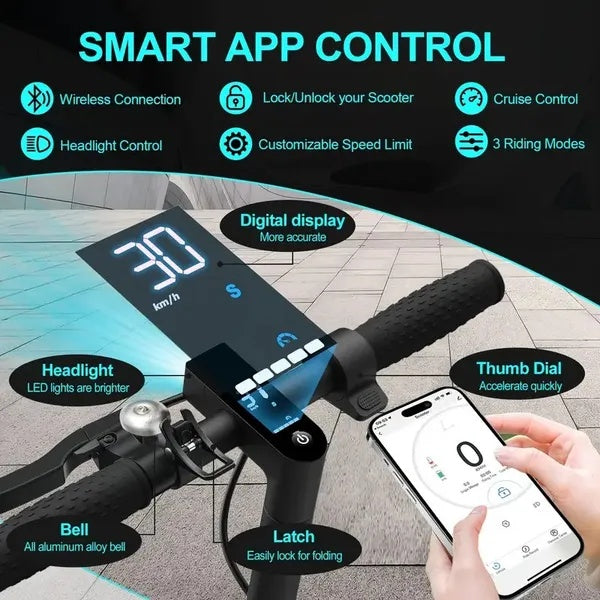 Smart scooter control panel with digital display and app control features.