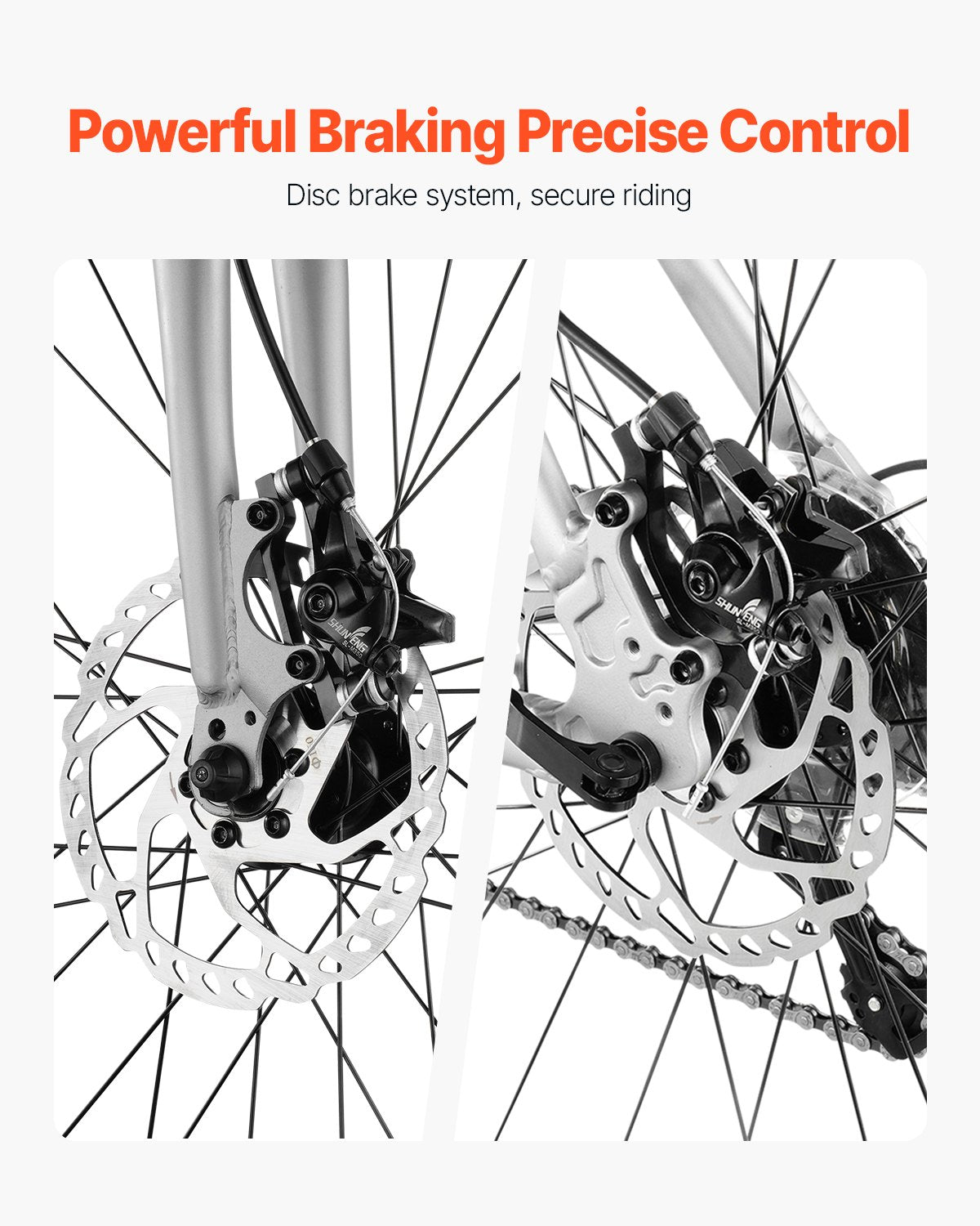 Bicycle disc brake system with text 'Powerful Braking Precise Control' on a white background