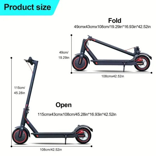 Measurement chart of an electric scooter showing open and folded dimensions.
