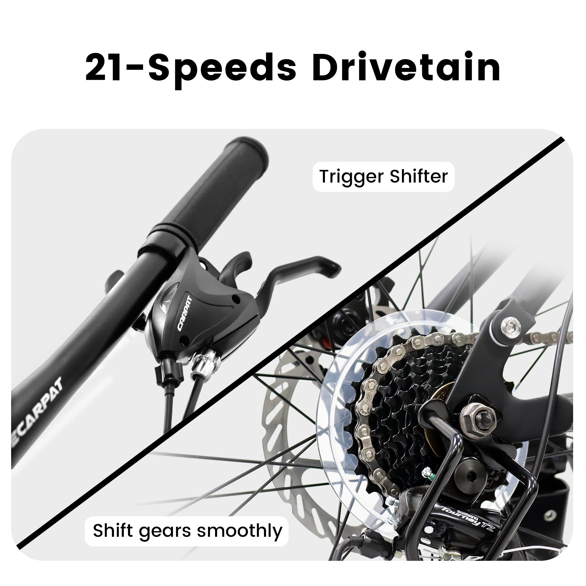 Bicycle drivetrain with 21-speeds Drivetrain and trigger shifter on a white background