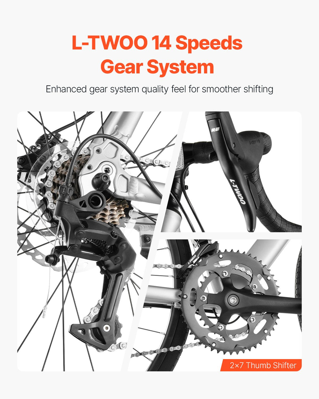 Close-up of a bicycle gear system with 'L-TWOO 14 Speeds Gear System' text on a white background.