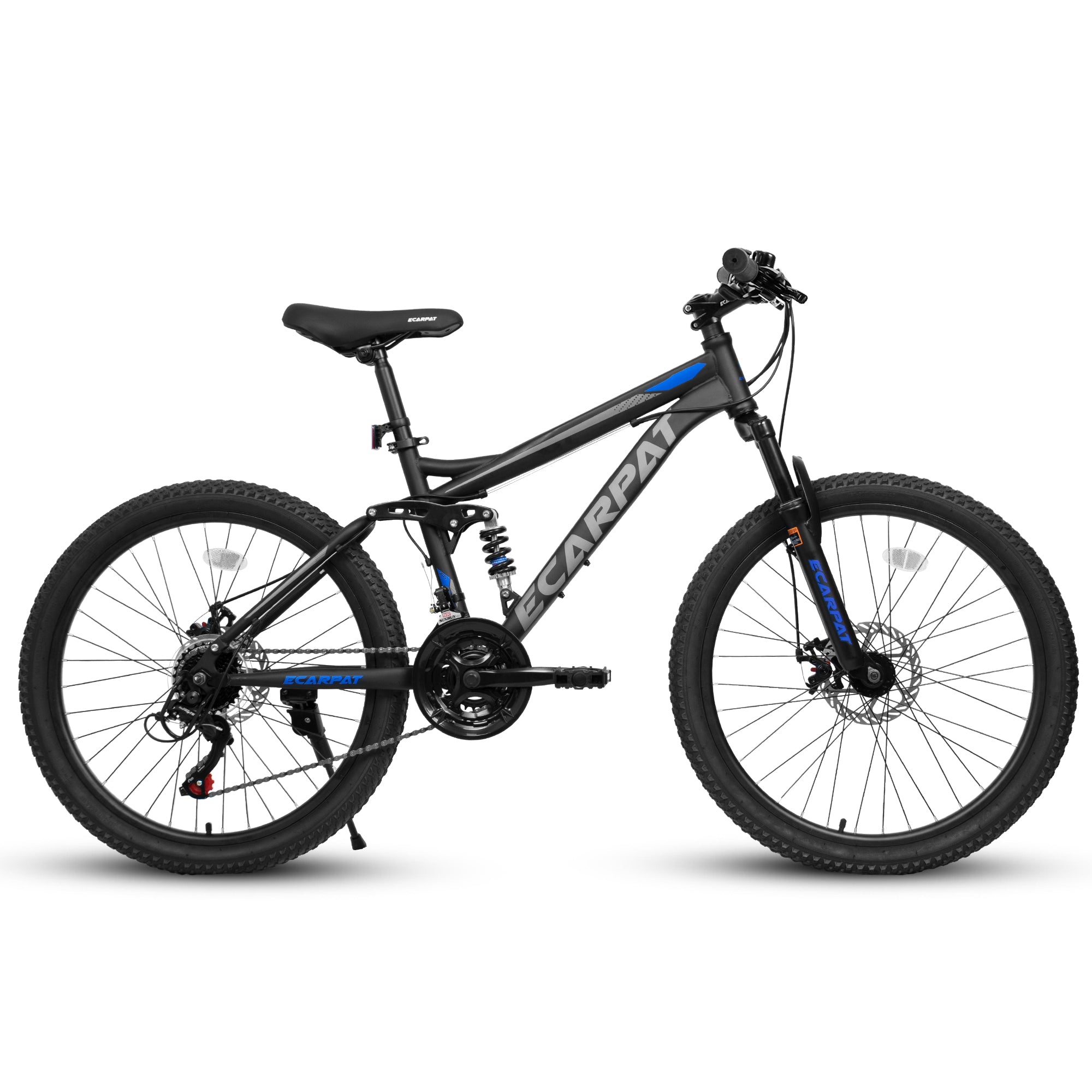 Black mountain bike with blue accents on a white background