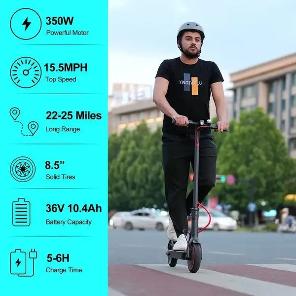 Person riding an electric scooter with specifications on a blue overlay