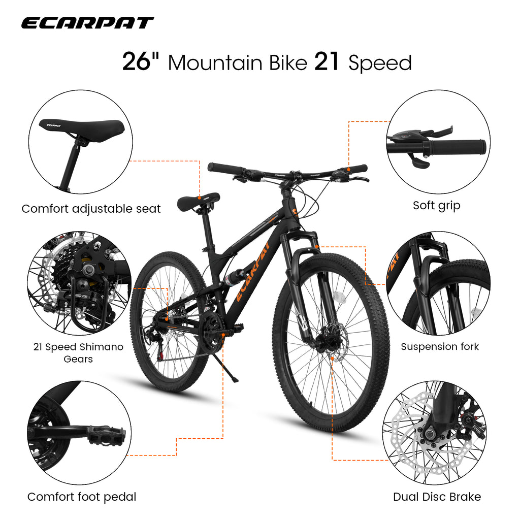 26 Inch Mountain Bike for Adult with 21 Speed Steel Frame Dual Shock Disc Brakes