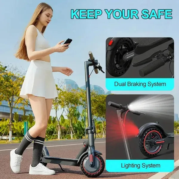 Woman with electric scooter, highlighting dual braking and lighting systems.