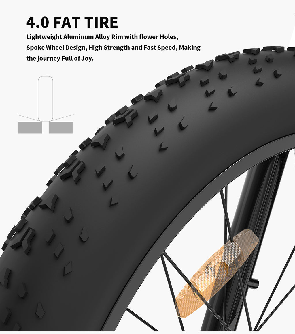 Close-up of a bicycle tire with text describing features on a white background