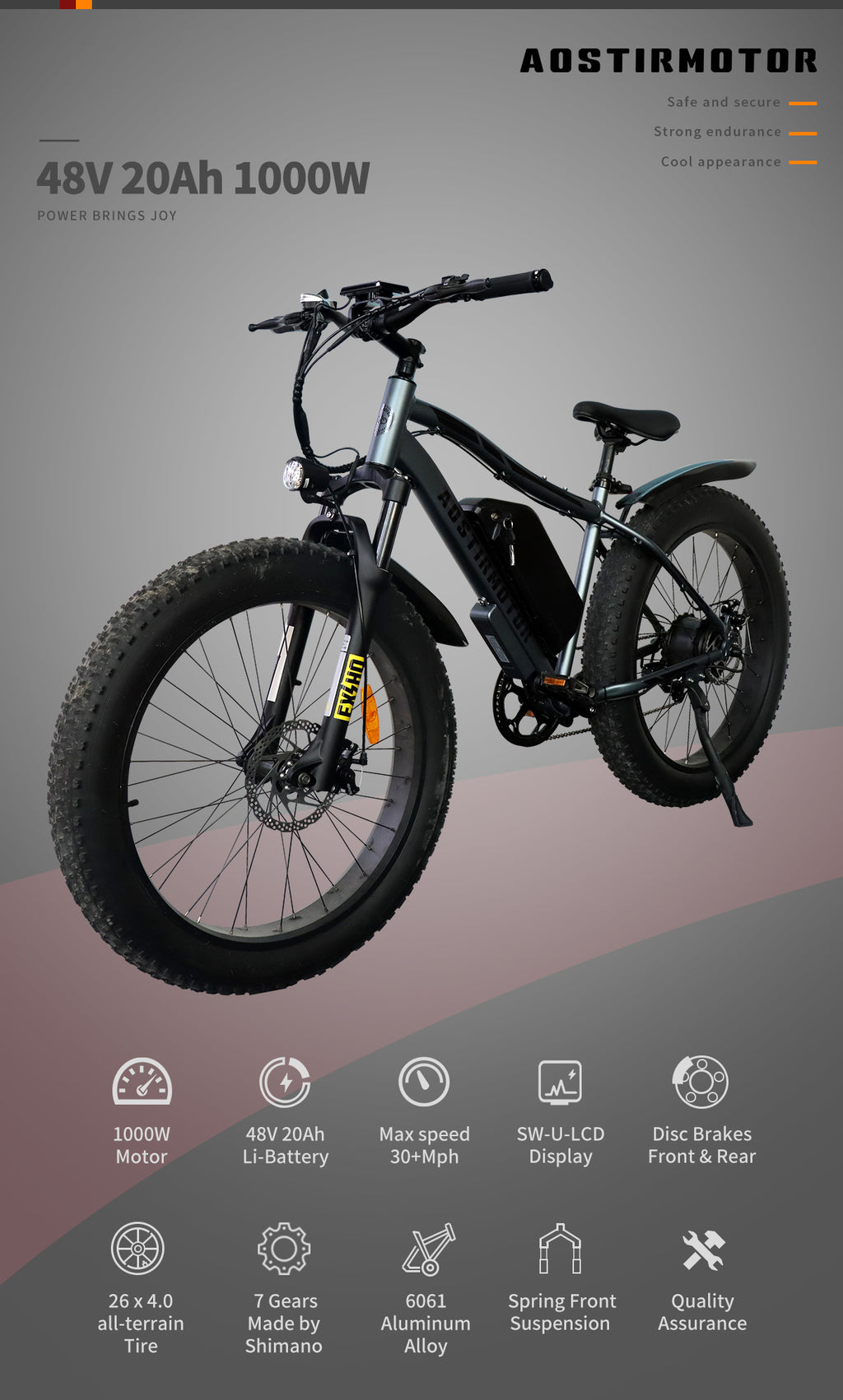 Electric bike with specifications on a gray background