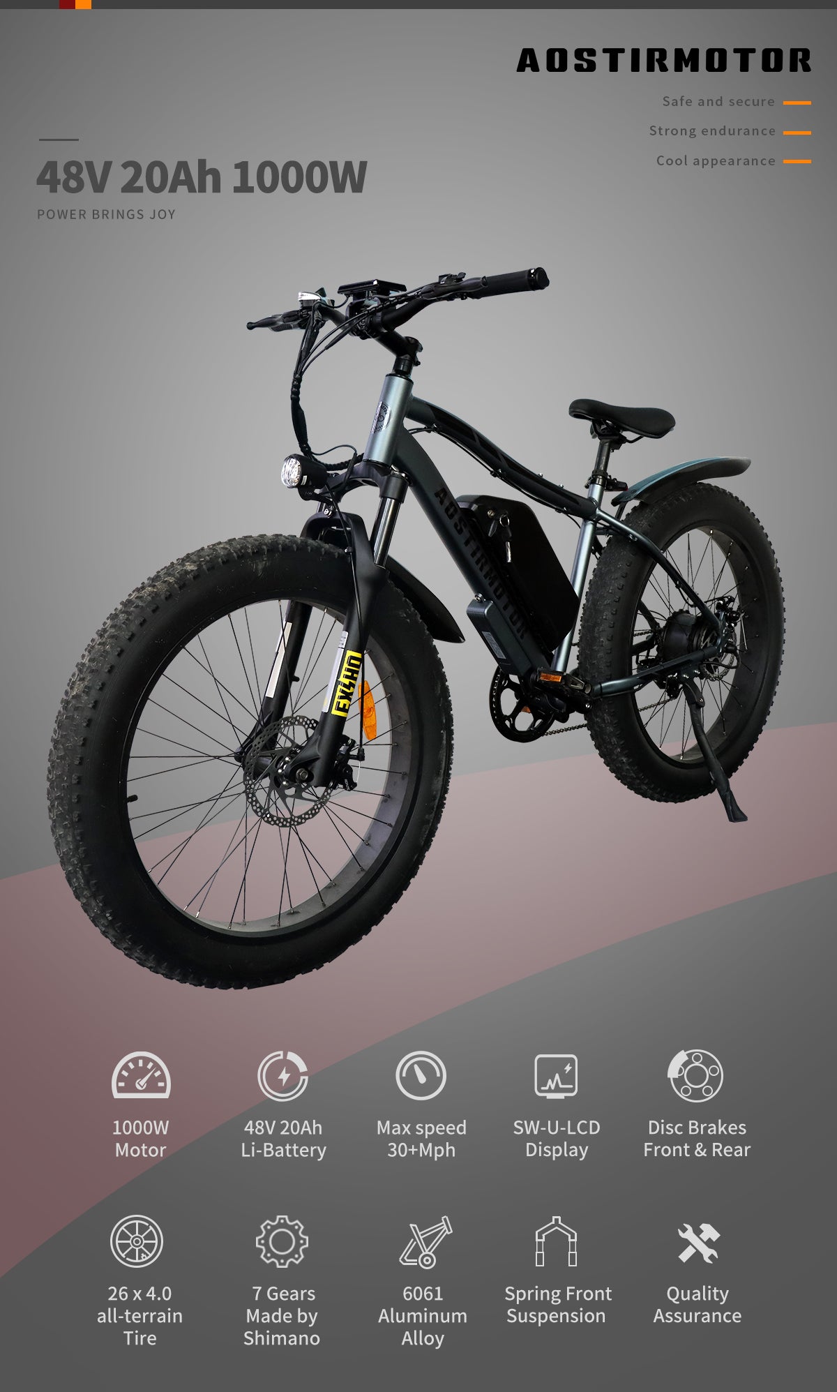 Electric bike with specifications on a gray background