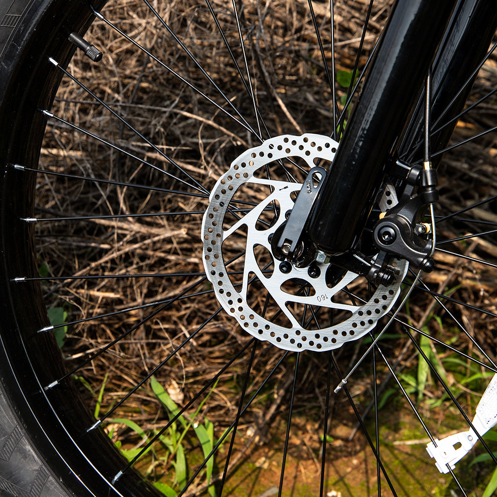 Close-up of a bicycle wheel with disc brake on a natural background
