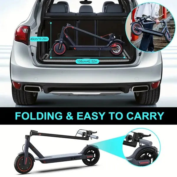 Folding scooter being loaded into a car trunk with text 'Folding & Easy to Carry'.