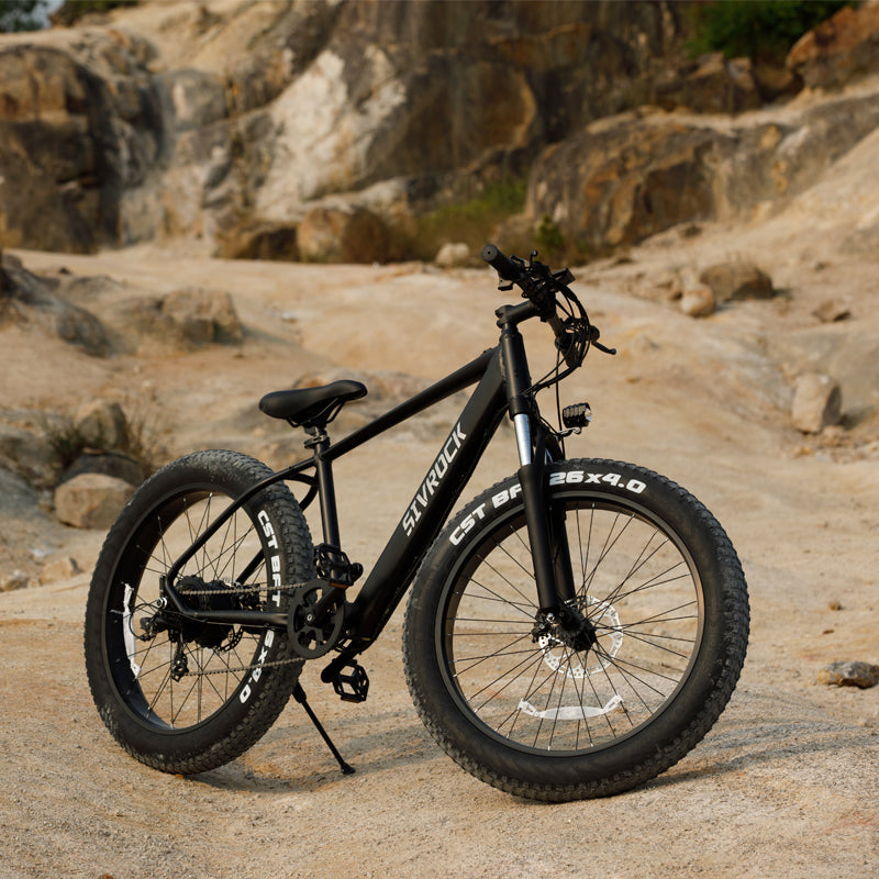 Black electric bike on a rocky terrain