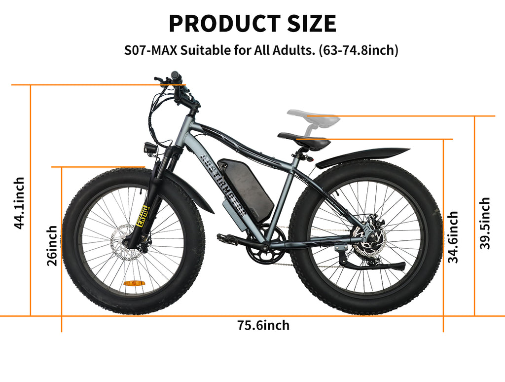 Electric bike with dimensions labeled on a white background
