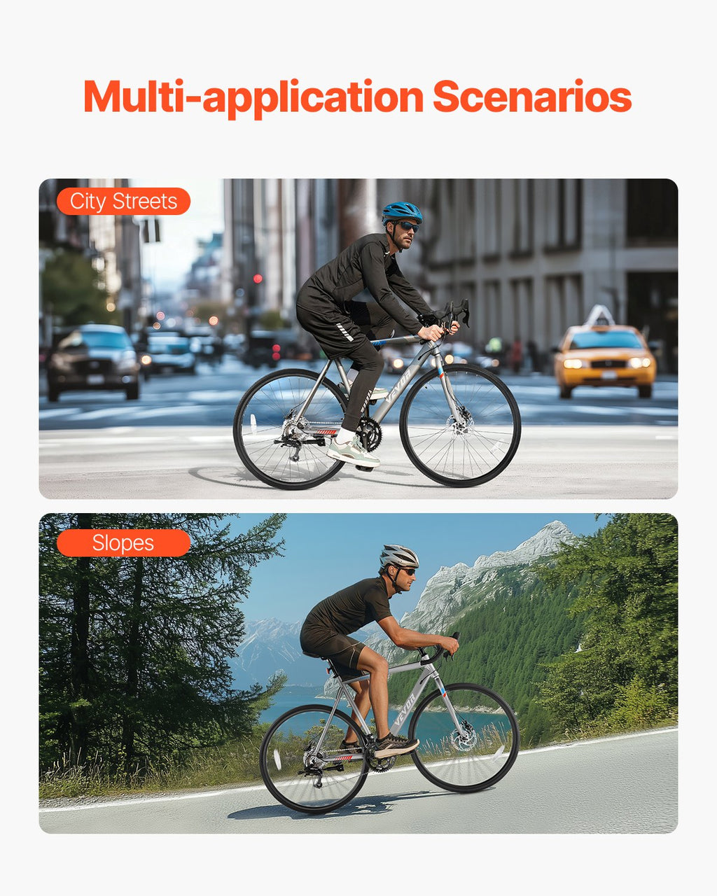 Two scenarios of a cyclist: one on city streets and another on a mountain slope.